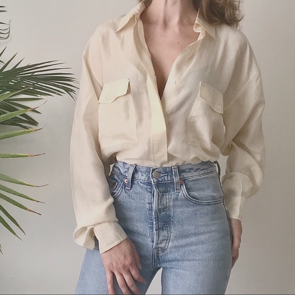 Vintage • 100% Silk Cream Button Down Blouse - Picture 1 of 5